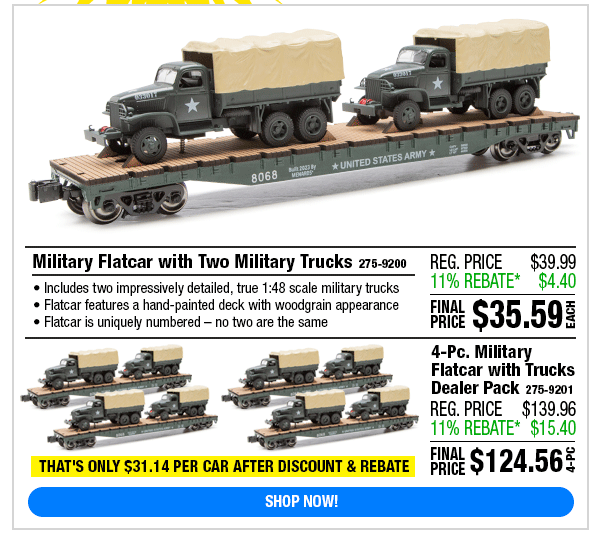 New! Premium Flatcar with Army Trucks! Menards