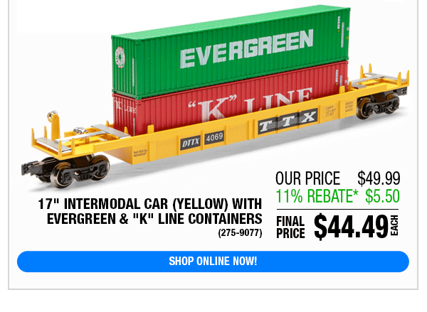 17" Intermodal Car with Containers - Yellow (275-9077, 9078)