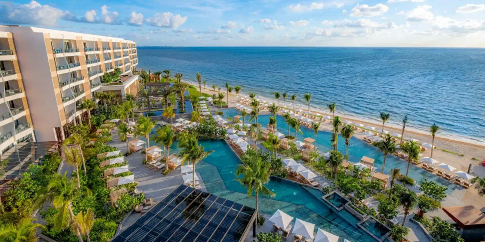 Aerial view of Waldorf Astoria Cancun and the Caribbean coastline