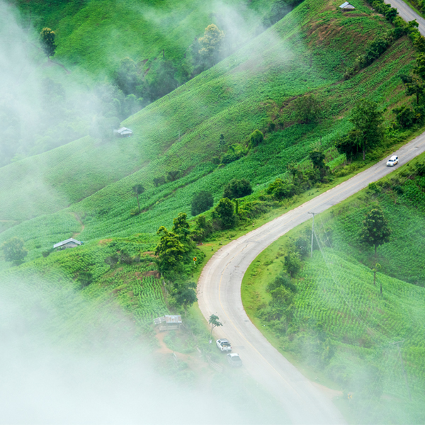 Driving through a scenic green countryside