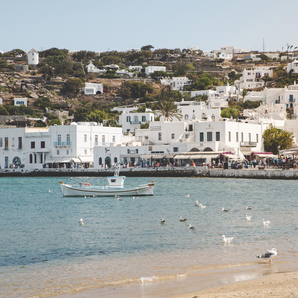 Beach and architecture in Mykonos, Greece