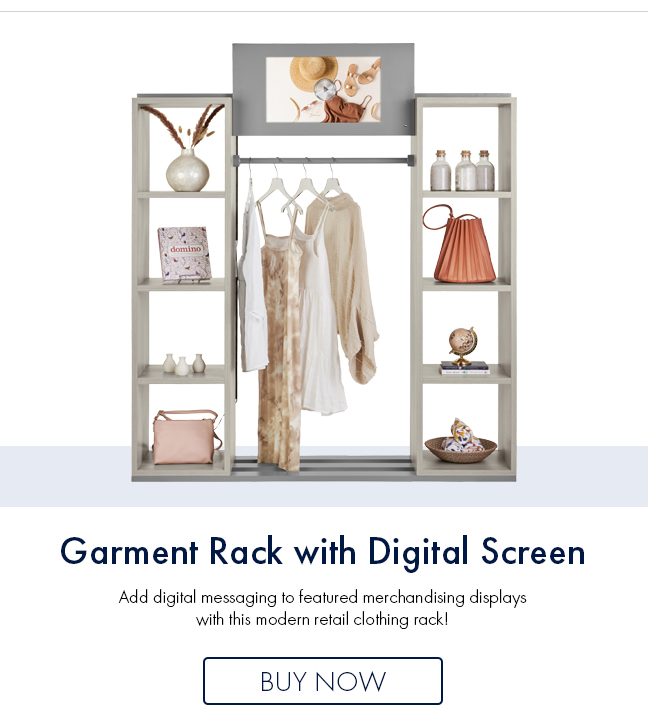  Garment Rack with Digital Screen Add digital messaging to featured merchandising displays with this modern retail clothing rack! BUY NOW 