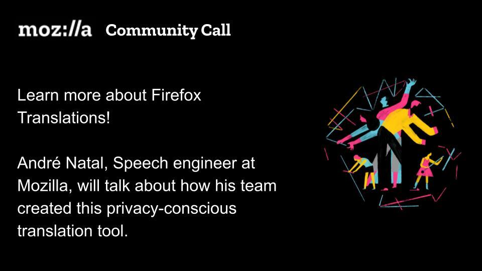 Come to our Community call on March 9 at 16:00 UTC to learn more about Firefox Translations